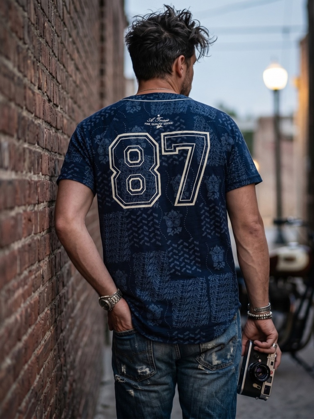 NWOT A. Tiziano indigo Patterned Men's baseball Shirt 87 medium